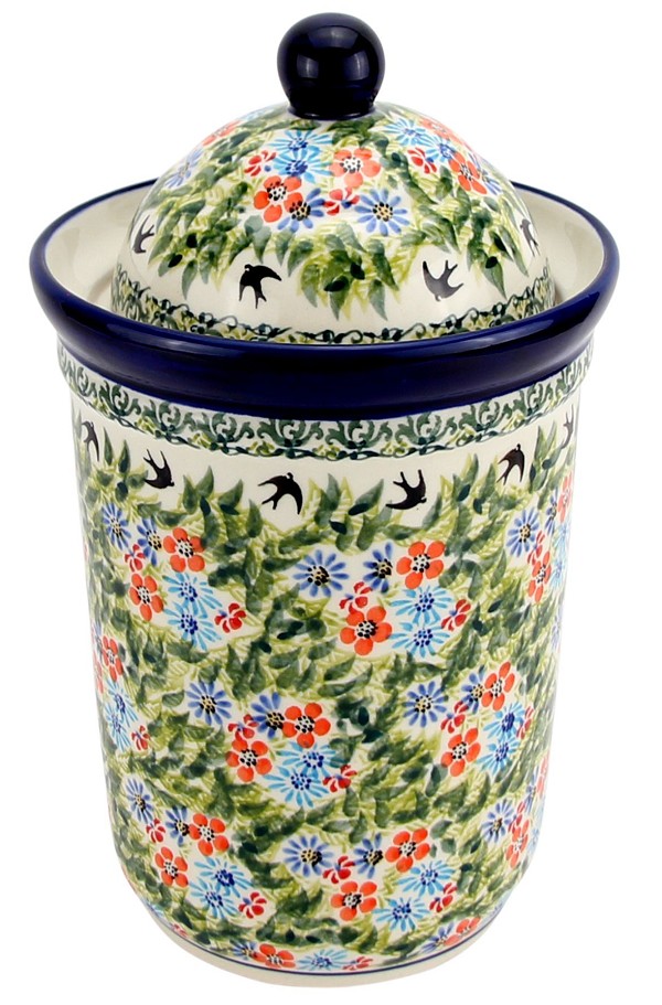 Polish Pottery Kitchen Canister with Lid 10 Cups / 2.5 qt, Spring Swallow Serenade | Boleslawiec