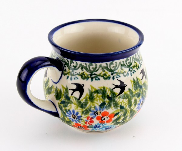 Polish Pottery Coffee Mug 8 oz, Spring Swallow Serenade | Boleslawiec