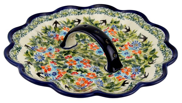 Polish Pottery Deviled Egg Platter with Handle 12-Egg, Spring Swallow Serenade | Boleslawiec