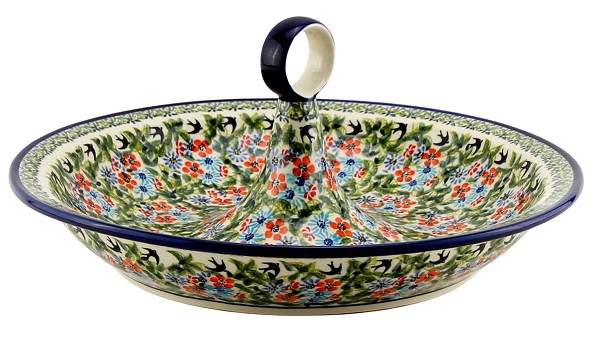 Polish Pottery Serving Bowl with Center Handle 13.5