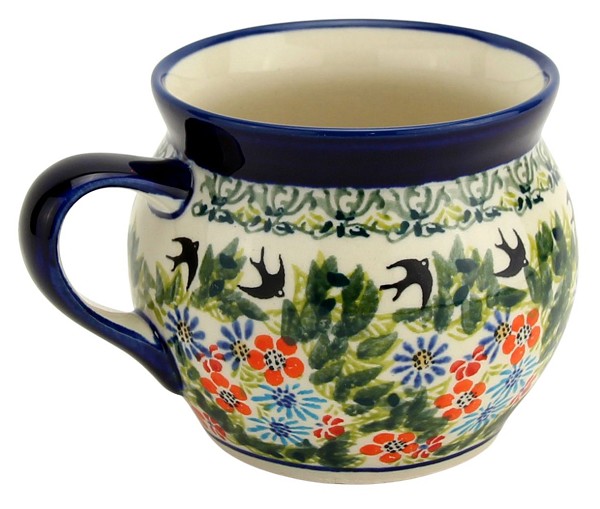 Polish Pottery Bubble Coffee Mug 16 oz, Spring Swallow Serenade | Boleslawiec