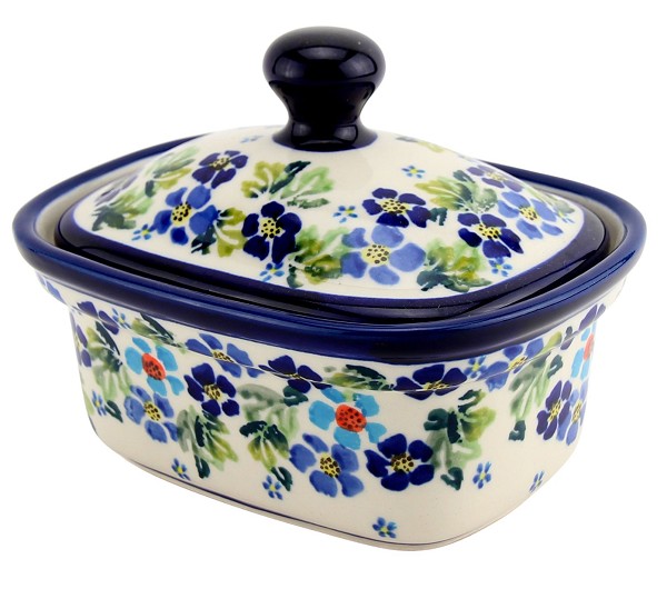 Polish Pottery Butter Dish with Lid 14 oz, Azure Daisy Delight | Boleslawiec