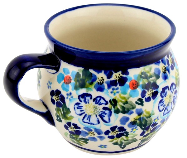 Polish Pottery Bubble Coffee Mug 16 oz, Azure Daisy Delight | Boleslawiec