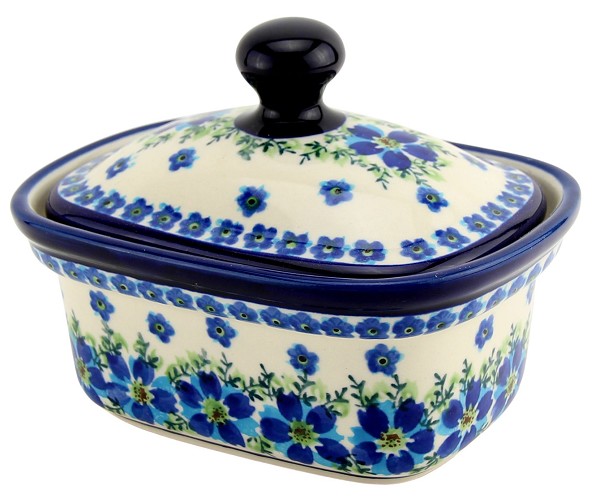 Polish Pottery Butter Dish with Lid 14 oz, Blue Blossom Elegance | Boleslawiec