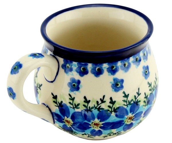 Polish Pottery Coffee Mug 8 oz, Blue Blossom Elegance | Boleslawiec