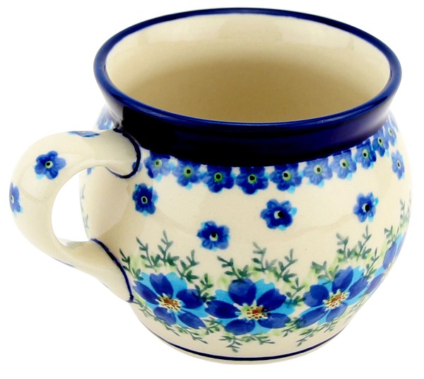 Polish Pottery Bubble Coffee Mug 16 oz, Blue Blossom Elegance | Boleslawiec