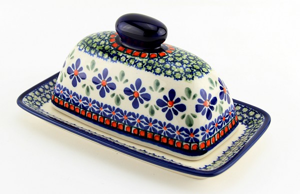 Polish Pottery Butter Dish with Lid, Mosaic Flower | Boleslawiec